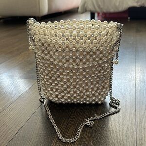 Zara Pearl-Studded Mini Bag with Silver Chain